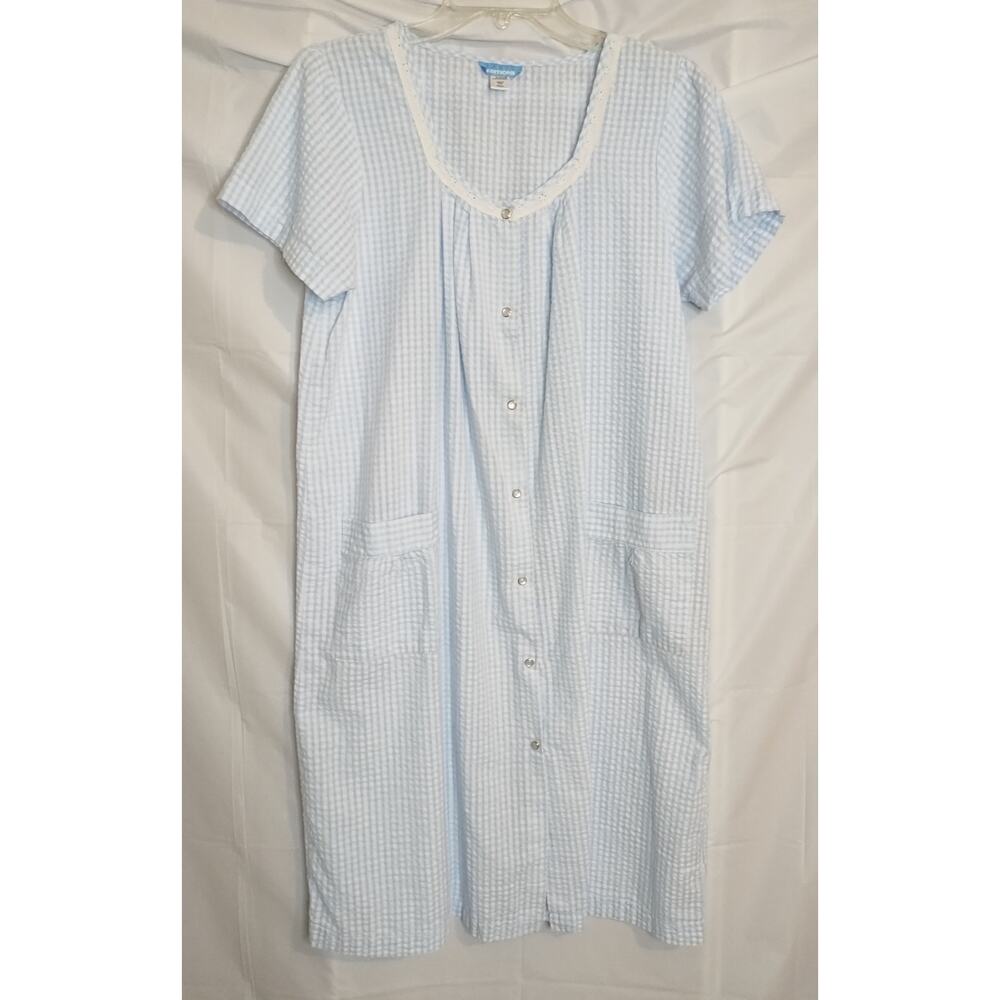 Basic Editions Housecoat/Duster Women's Size S Blue/White Seersucker